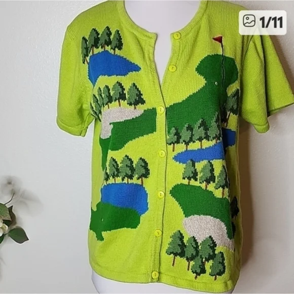Vintage Classic Marisa Christina Green Golf Course Button Down Sweater Graphic - Picture 13 of 13